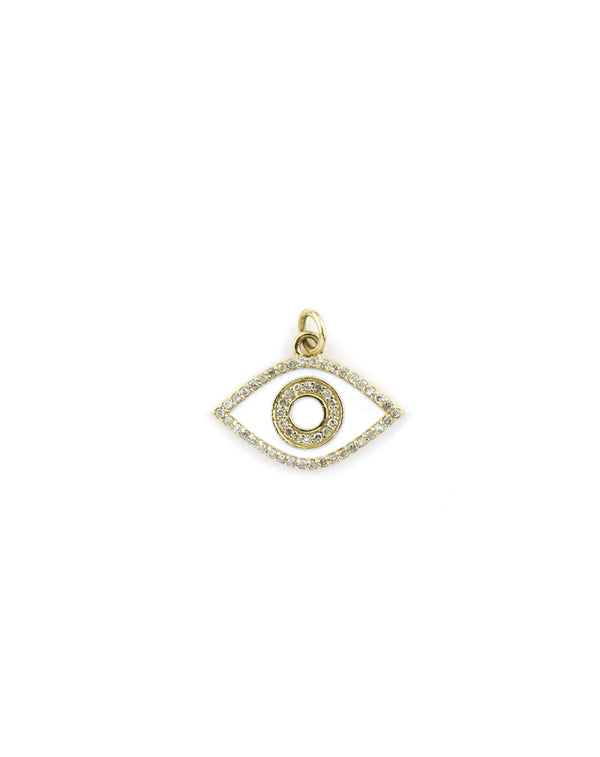 14K Gold White on White Enamel Evil Eye Charm