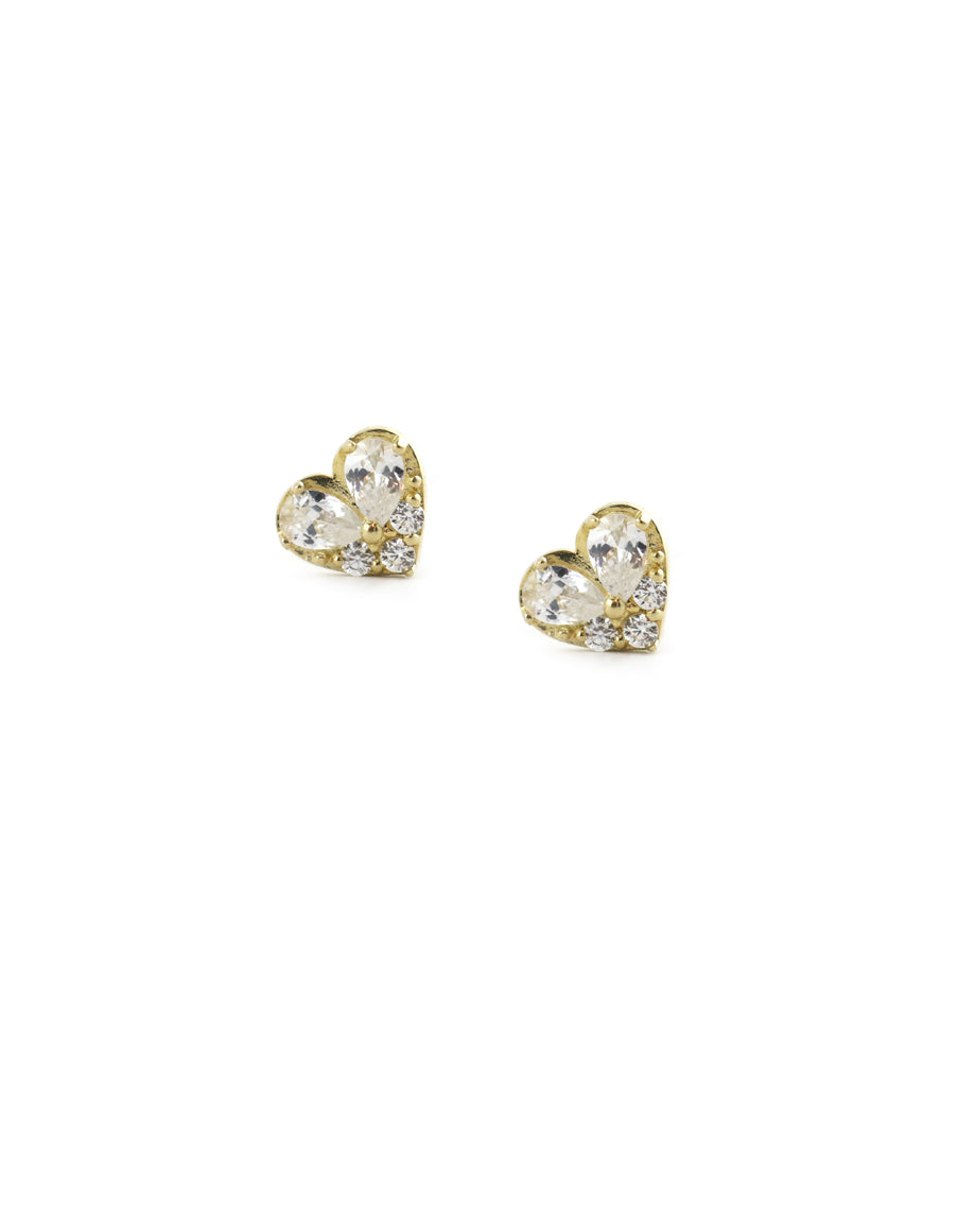 14K Gold Clear Pear Crystal Heart Studs