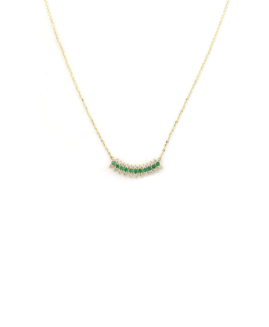14K Gold Curved Emerald Diamond Bar Necklace