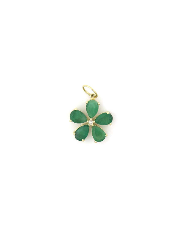 14K Gold Pear Emerald Diamond Flower Charm