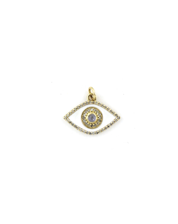 14K Gold White Enamel Moonstone Evil Eye Charm