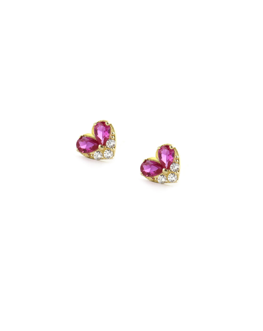 14K Gold Pink Pear Crystal Heart Studs