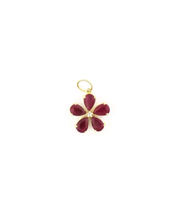 14K Gold Pear Ruby Diamond Flower Charm