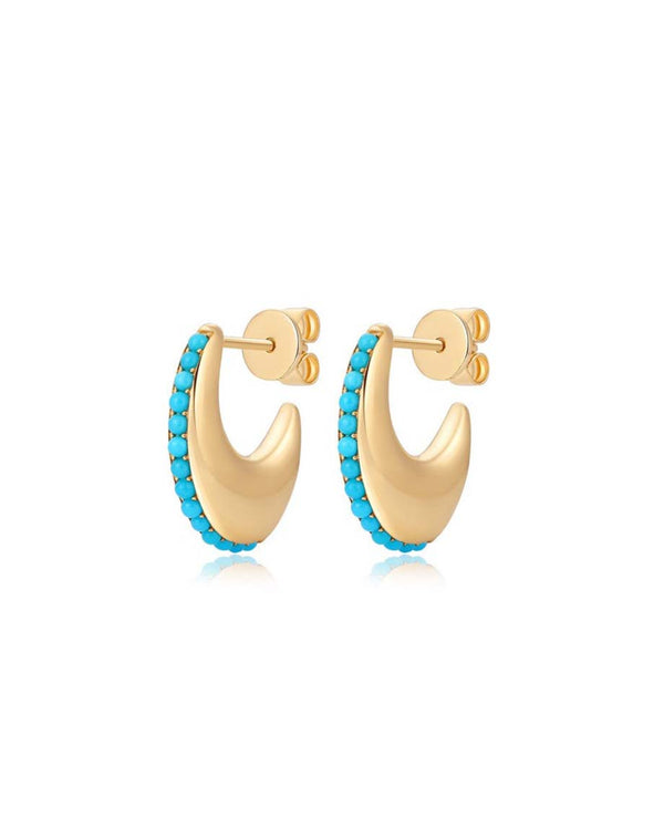 14K Gold Puffy Moon Shape Turquoise Hoops