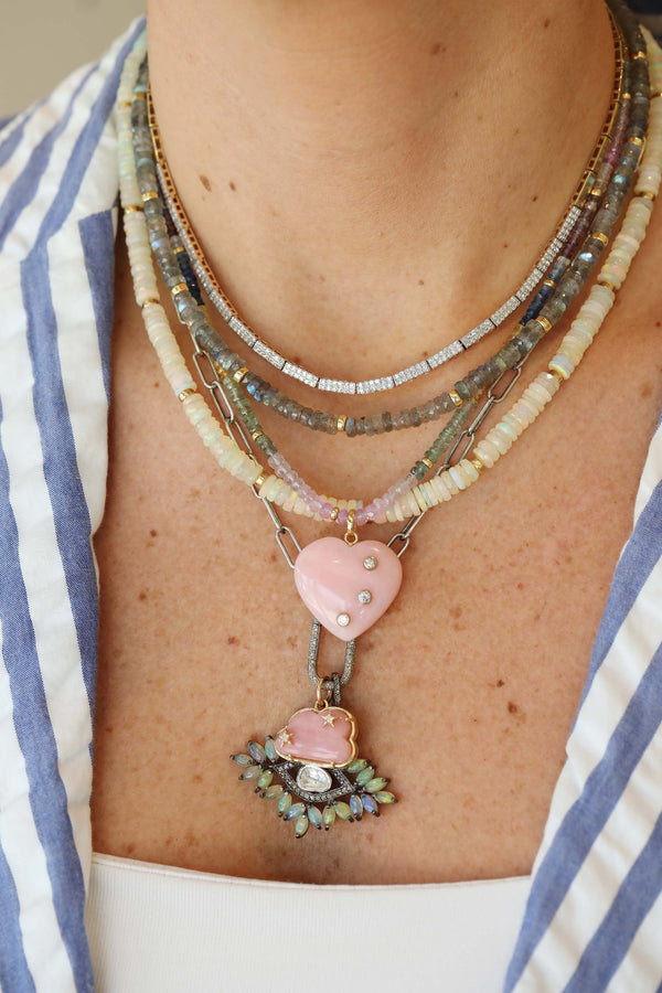 14K Gold Pink Opal Trio Diamond Heart Charm