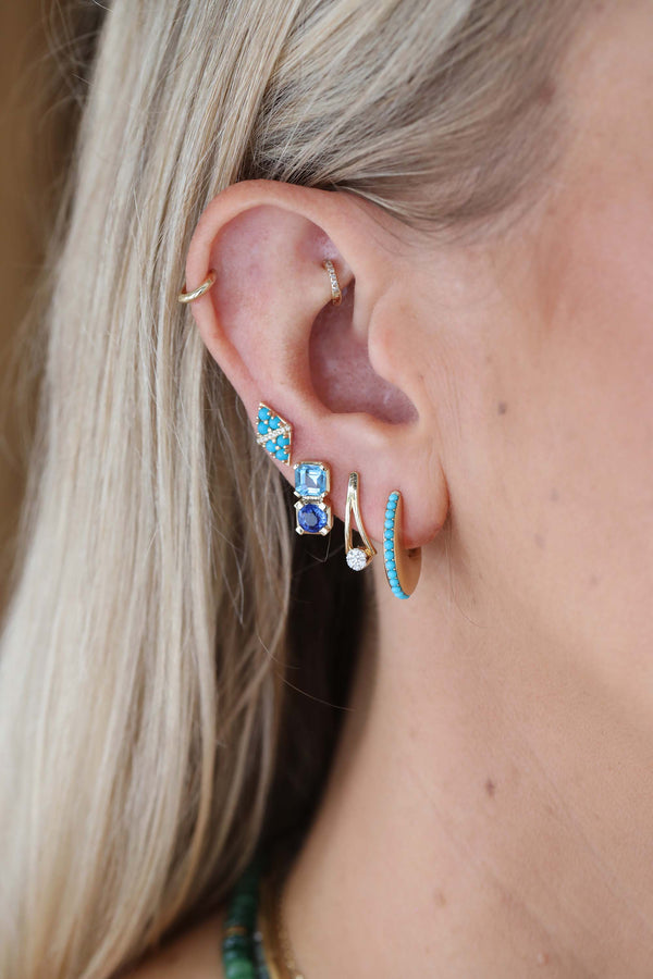 14K Gold Puffy Moon Shape Turquoise Hoops