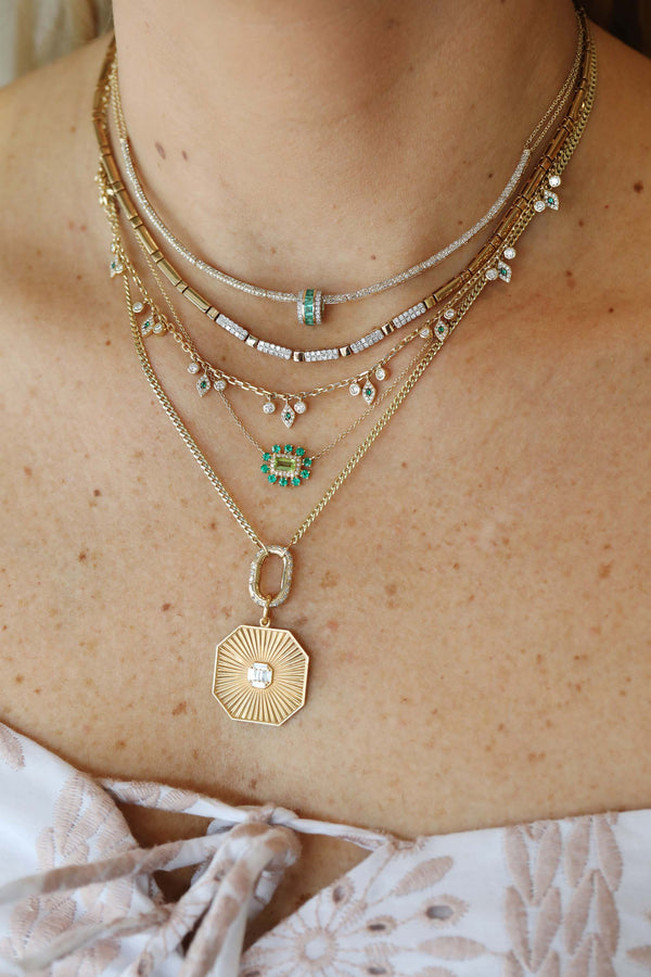 14K Gold Emerald Evil Eye .9ct Diamond Bezel Charm Necklace