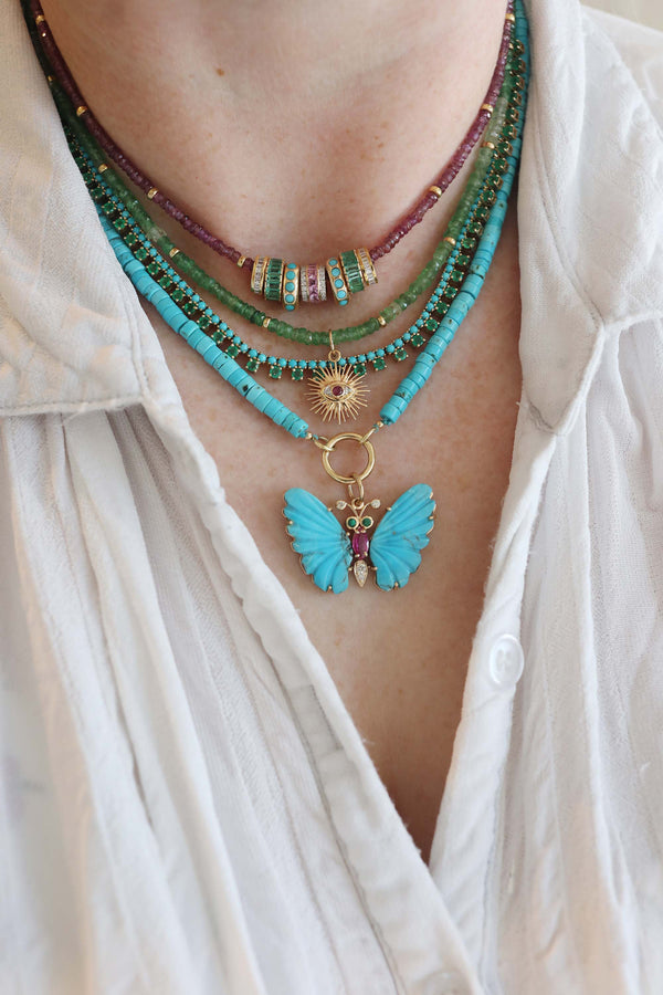 14K Gold Carved Turquoise Ruby Butterfly Charm