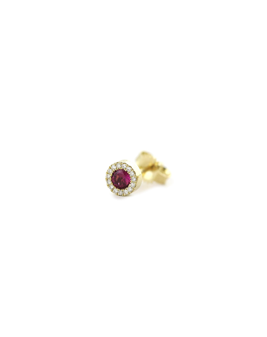 14K Gold Flat Ruby Diamond Circle Single Stud