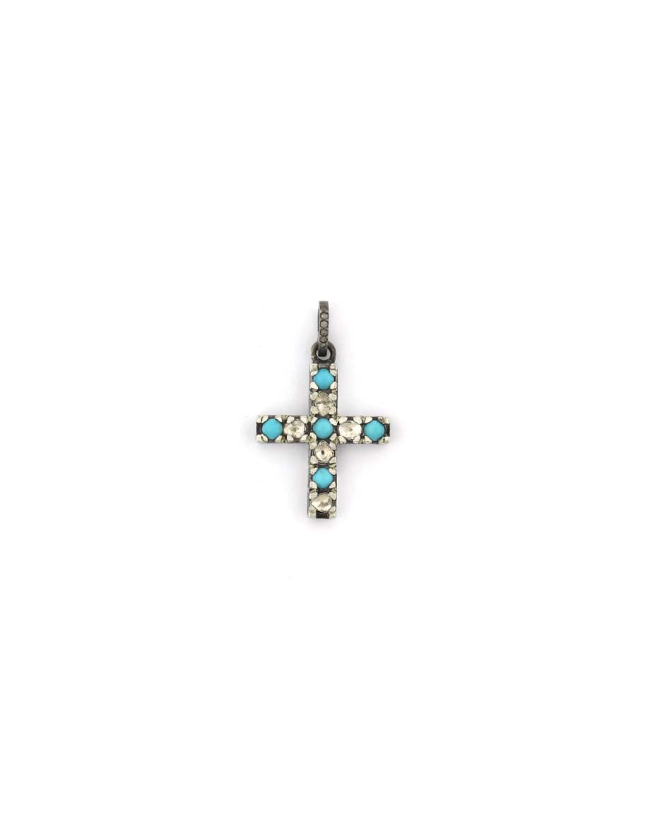 Small Silver Polki Diamond & Turquoise Cross Pendant