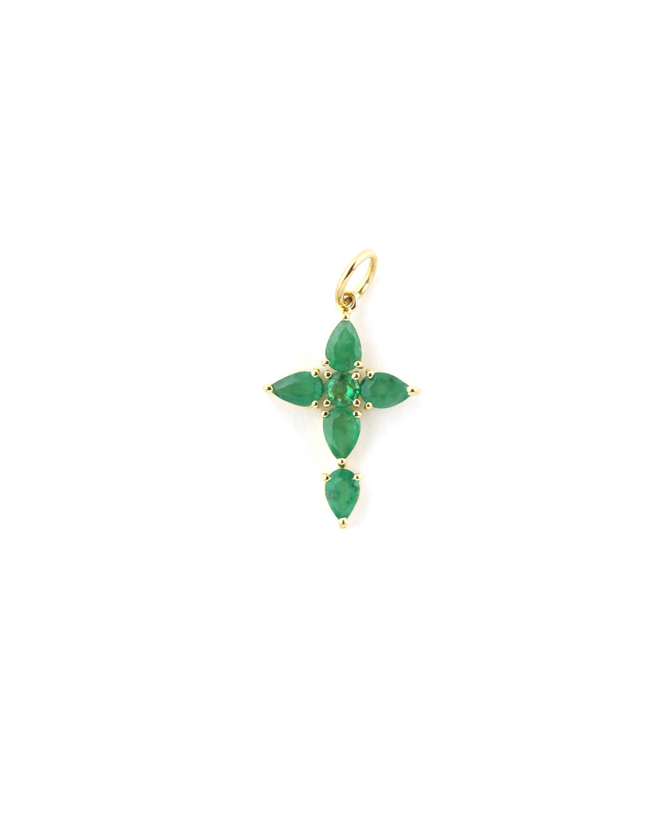 14K Gold Pear Emerald Cross Charm