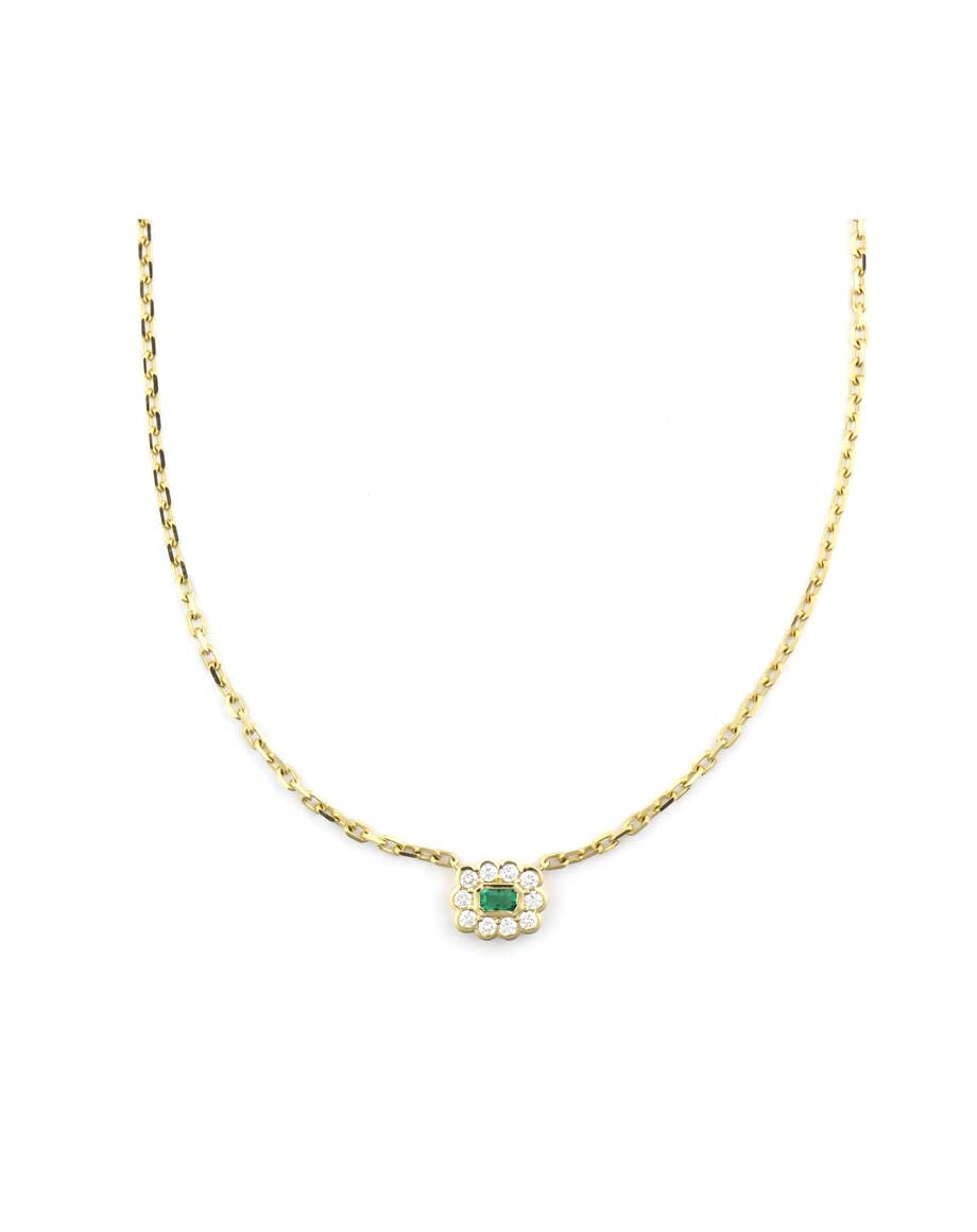 14K Gold Baguette Emerald Diamond Bezel Necklace