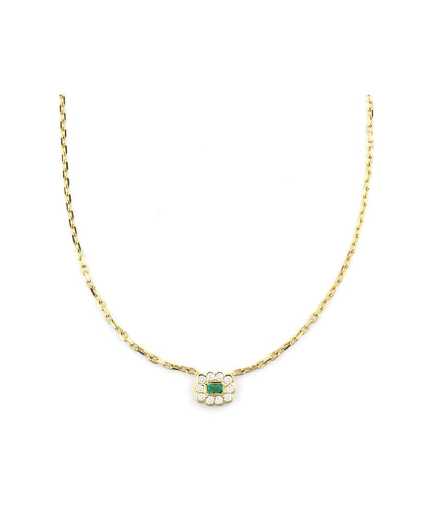14K Gold Baguette Emerald Diamond Bezel Necklace