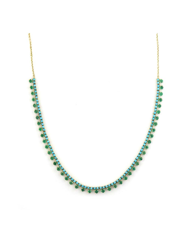 14K Gold Emerald and Turquoise Tennis Necklace