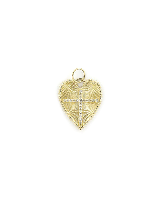 14K Gold Fanned Heart with Diamond Cross Charm