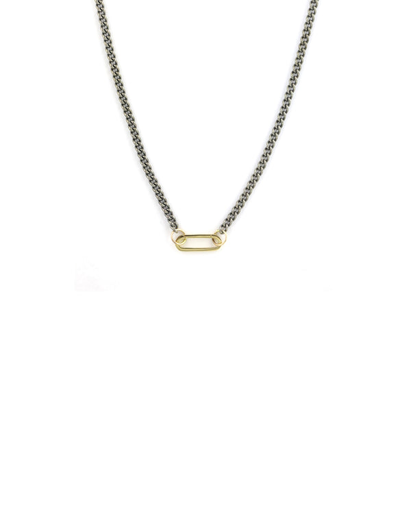 14K Gold Mini Rectangle Lock Necklace: Silver Cuban Chain