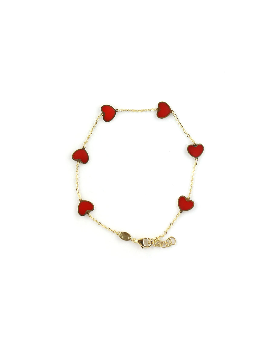 14K Gold Red Agate Inlay Heart Station Bracelet