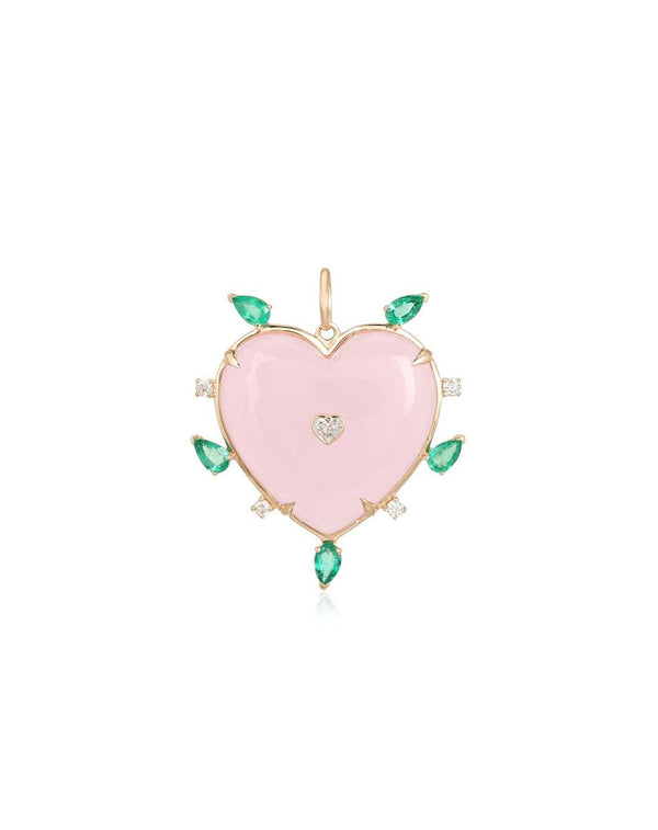 14K Gold Rose Quartz Emerald Framed Heart Charm