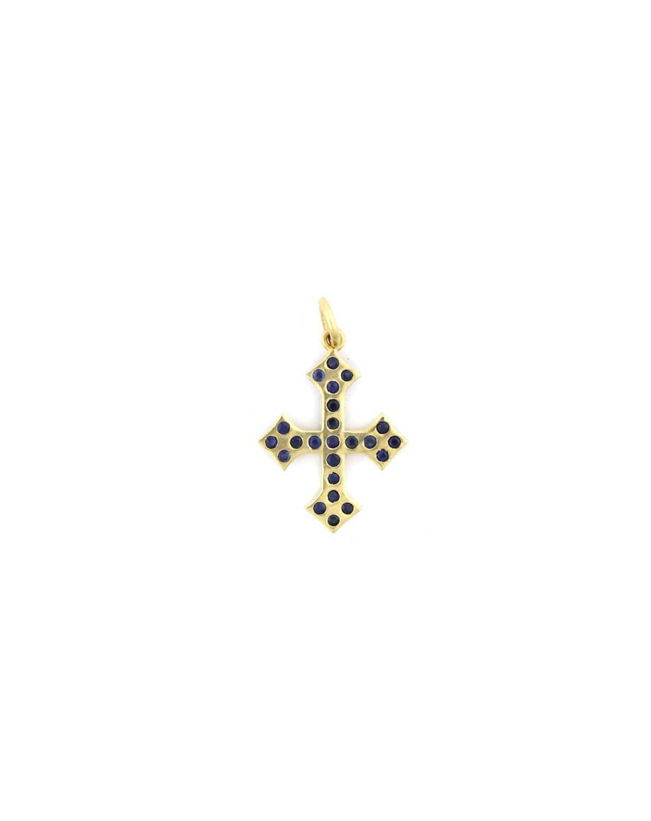 Small 14K Gold Sapphire Gothic Cross Charm
