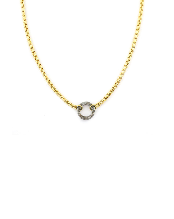Gold Filled Round Box Chain Silver Diamond Lock Necklace