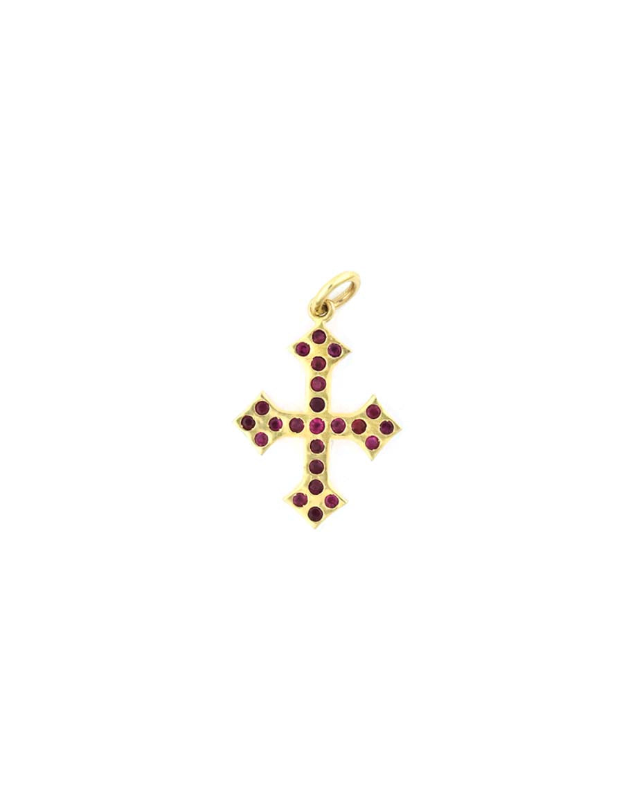 Small 14K Gold Ruby Gothic Cross Charm