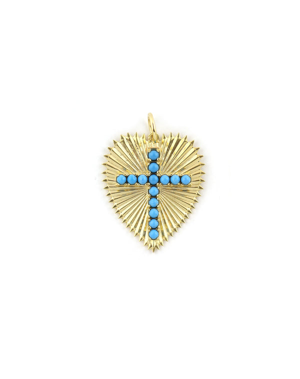 14K Gold Turquoise Cross Fanned Heart Charm