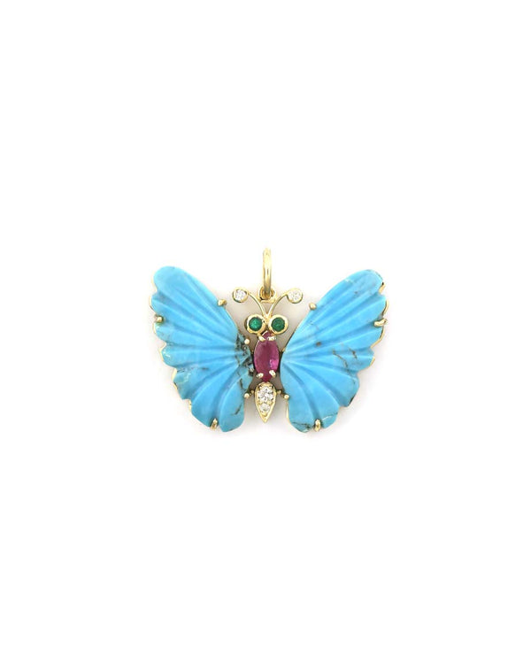 14K Gold Carved Turquoise Ruby Butterfly Charm