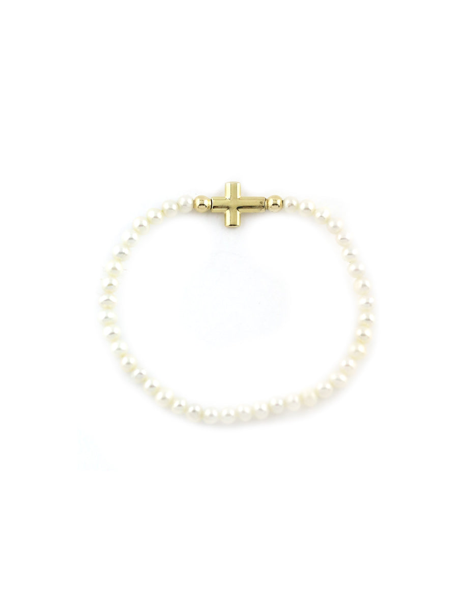 14K Gold Cross Pearl Stretchy