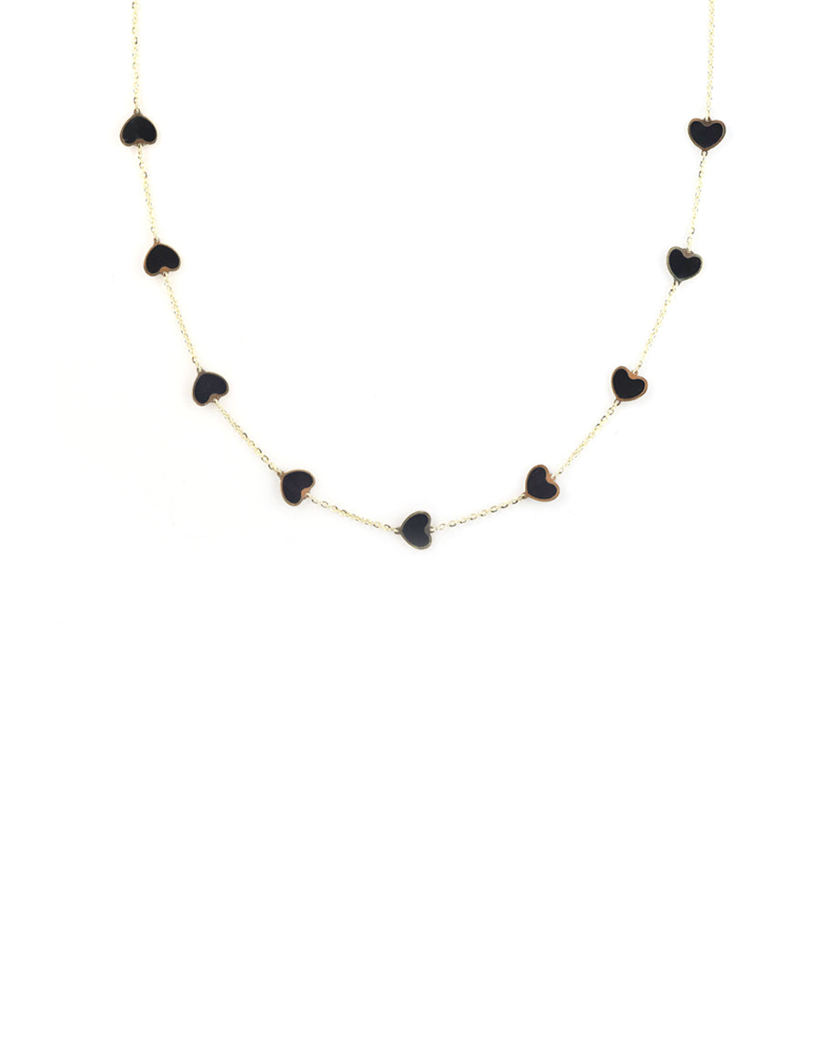 14K Gold Black Onyx Heart Station Necklace