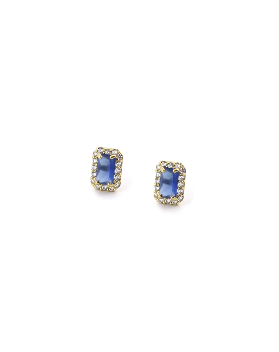 14K Gold Blue Baguette Crystal Studs