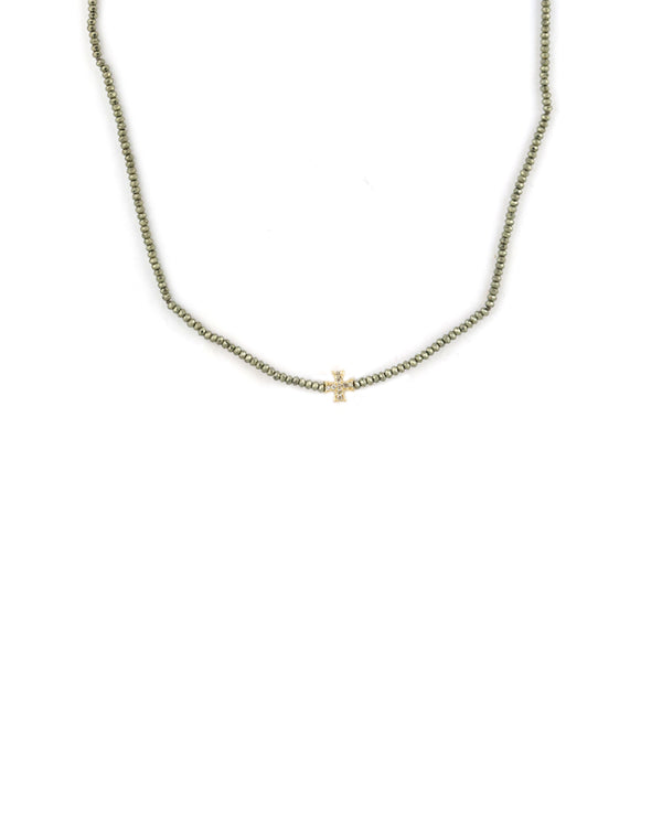 14K Gold Diamond Cross Tiny Pyrite Necklace