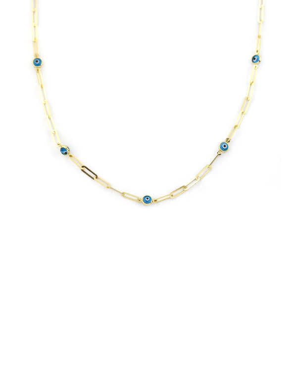 14K Gold Small Paper Clip Evil Eye Station Necklace