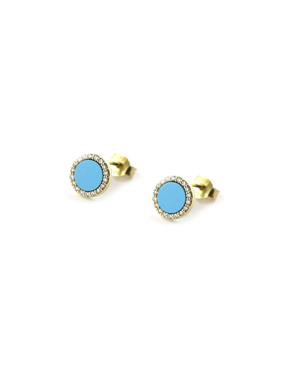 14K Gold Circle Turquoise Diamond Frame Studs