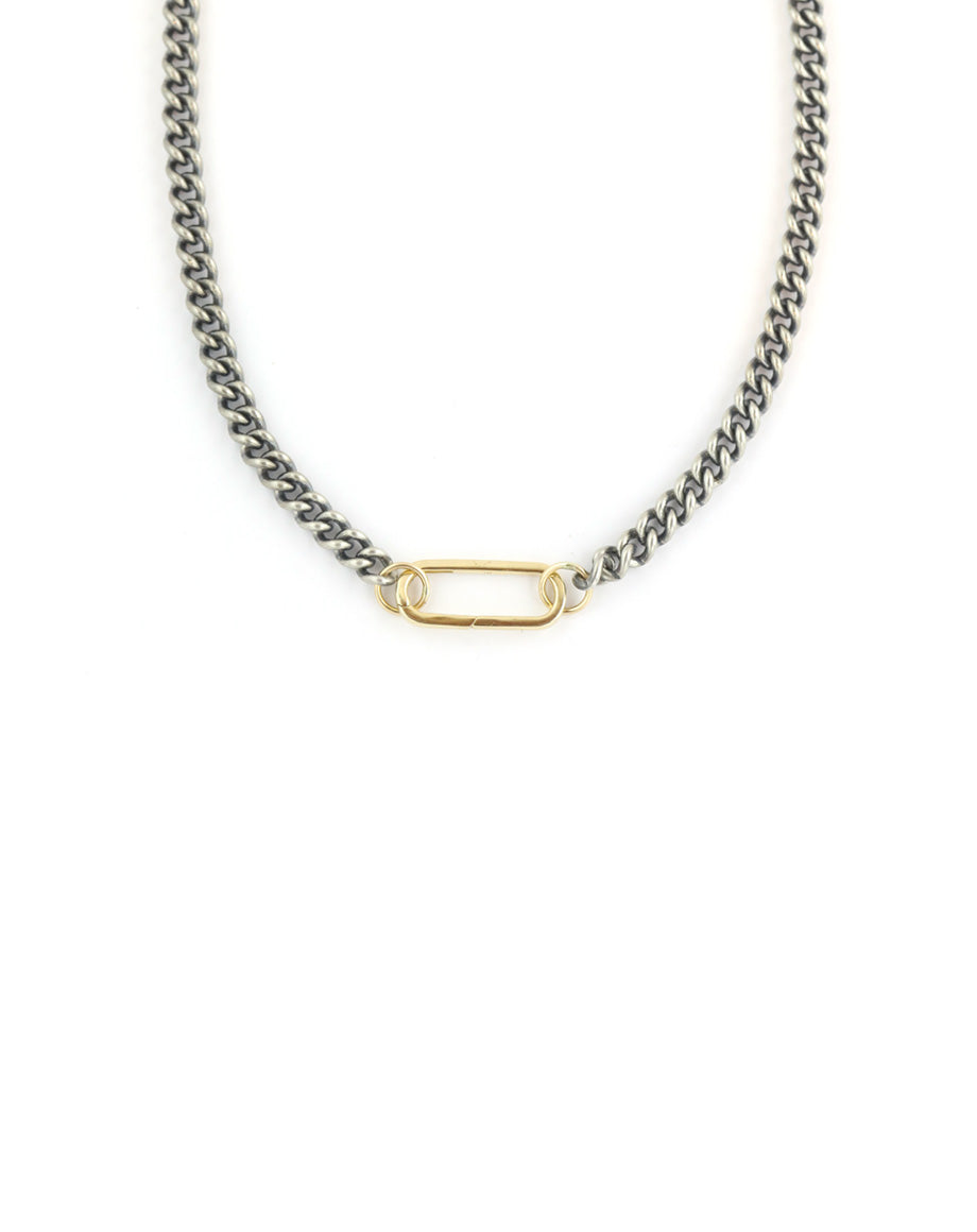 14K Gold Rectangle Lock Silver Cuban Choker