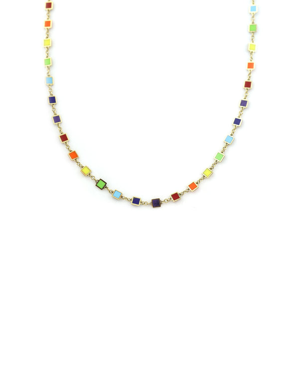 14K Gold Mini Square Rainbow Stone Inlay Disco Chain