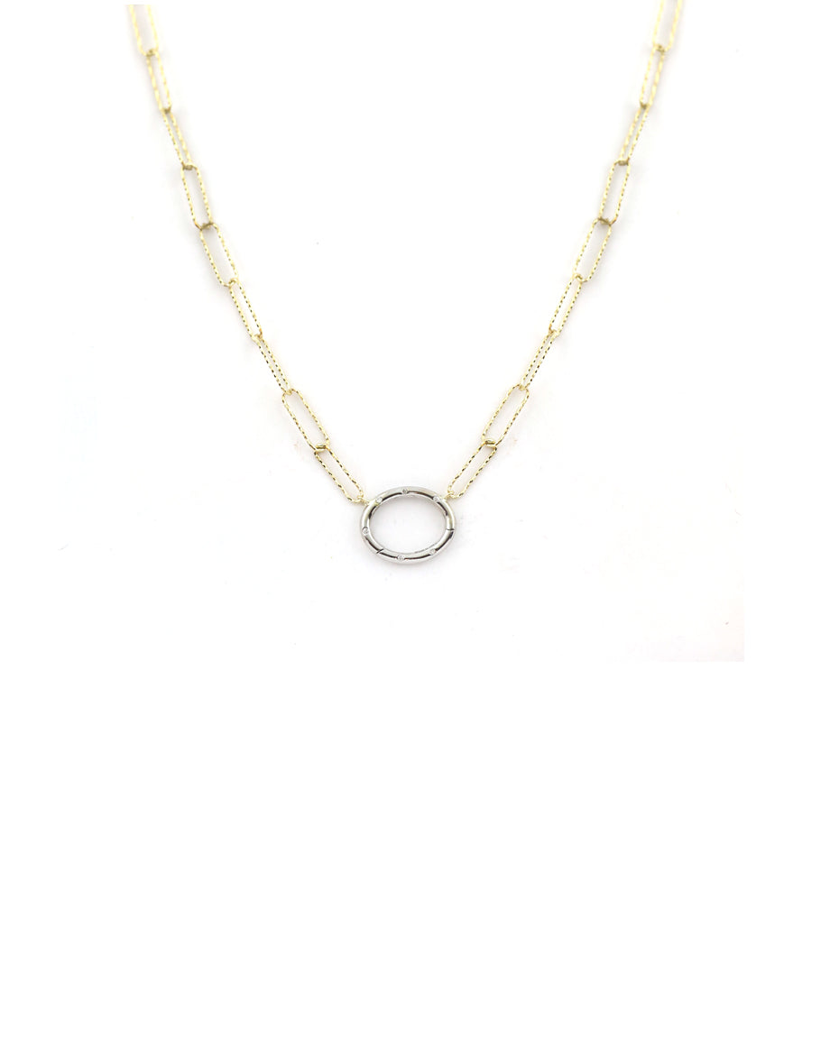 14K White Gold Dotted Diamond Lock Necklace: Textured Paper Clip