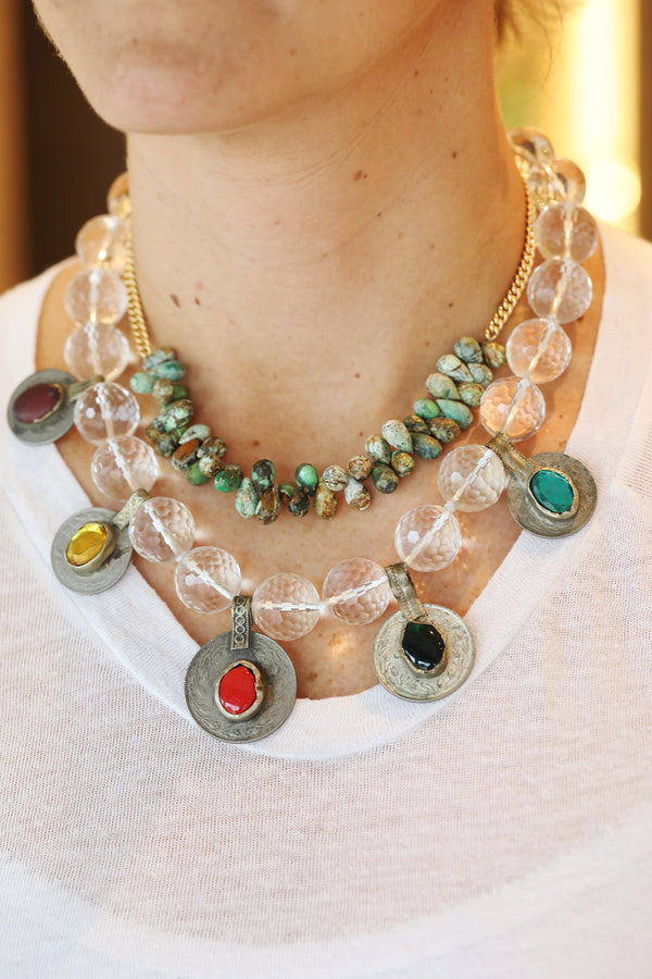 Clear Quartz with Vintage Afghan Coins Necklace