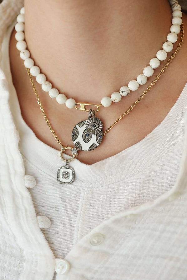 Silver Diamond White Enamel Square Charm