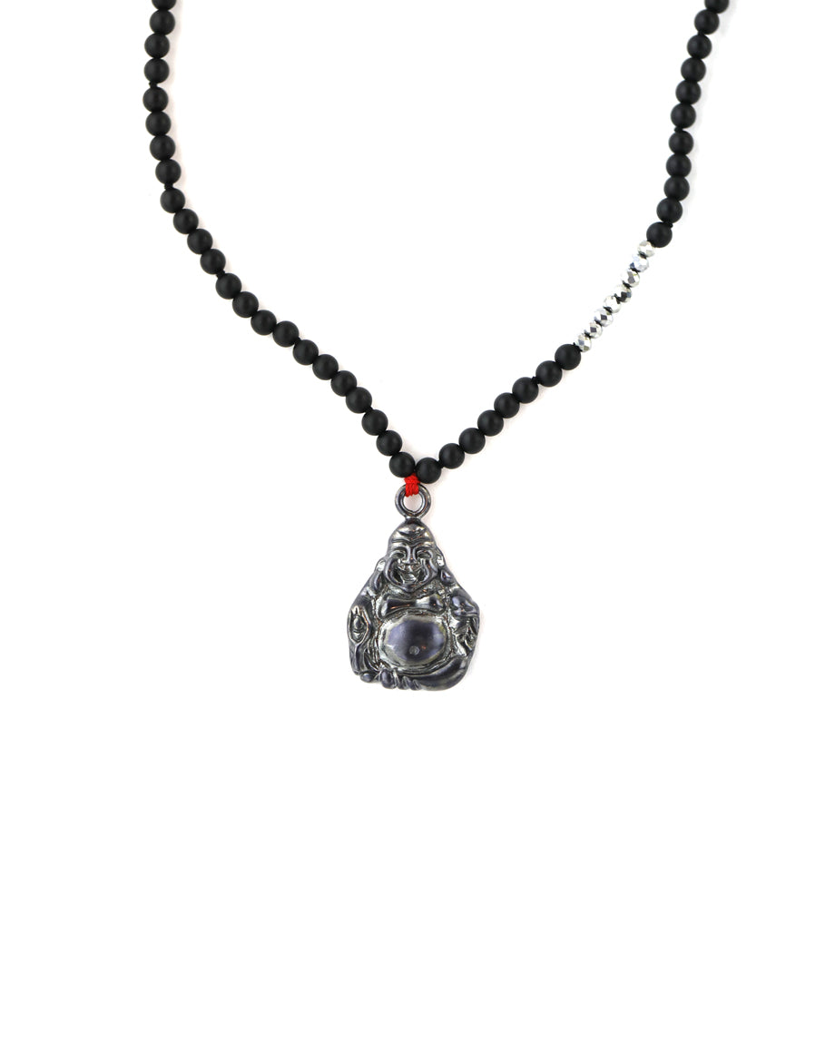 Matte Black Onyx Silver Buddha Necklace