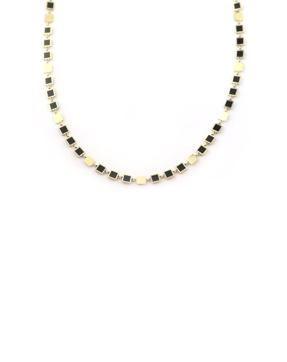 14K Gold Alternating Disco Inlaid Onyx Necklace