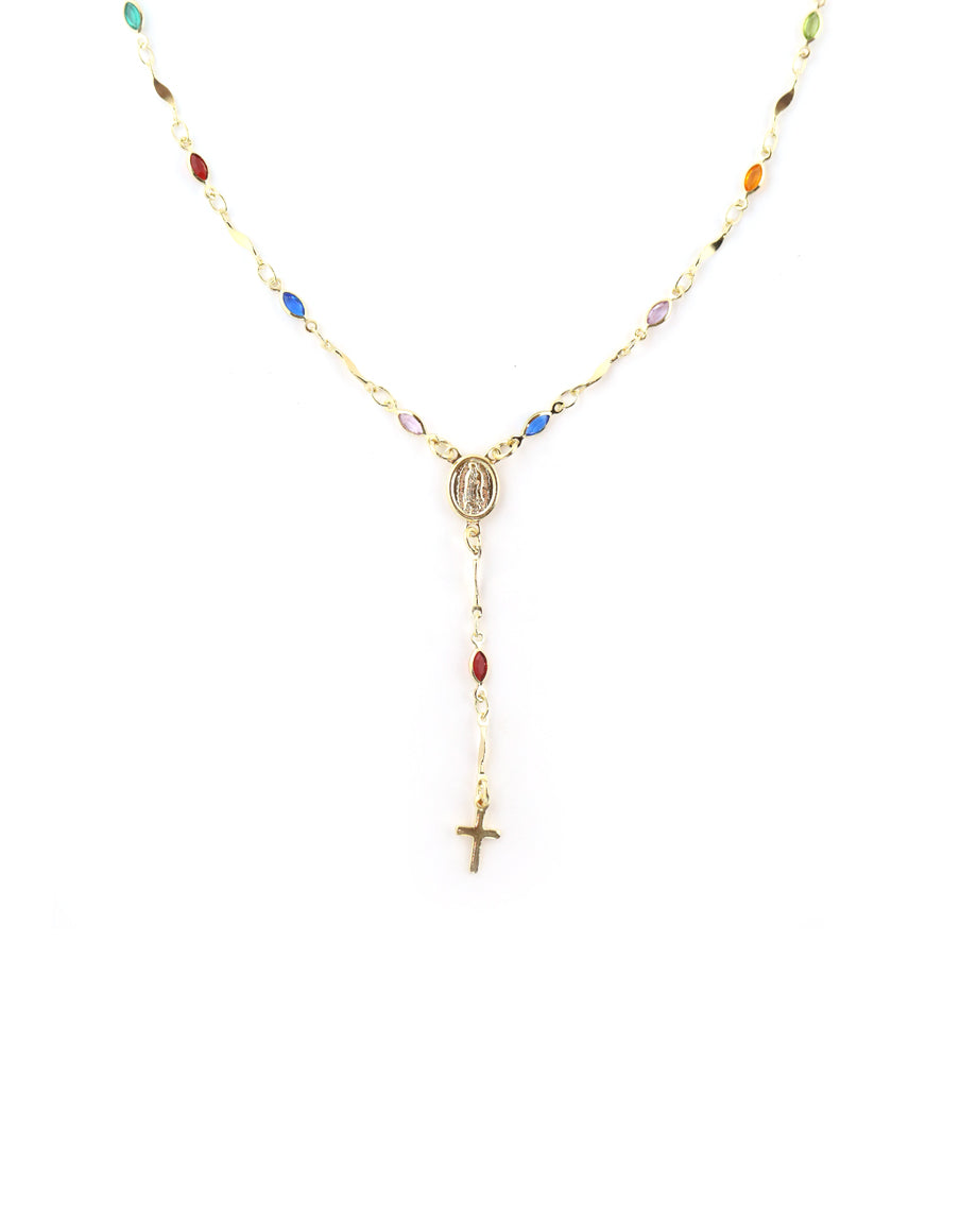 Rainbow Crystal Gold Rosary Necklace