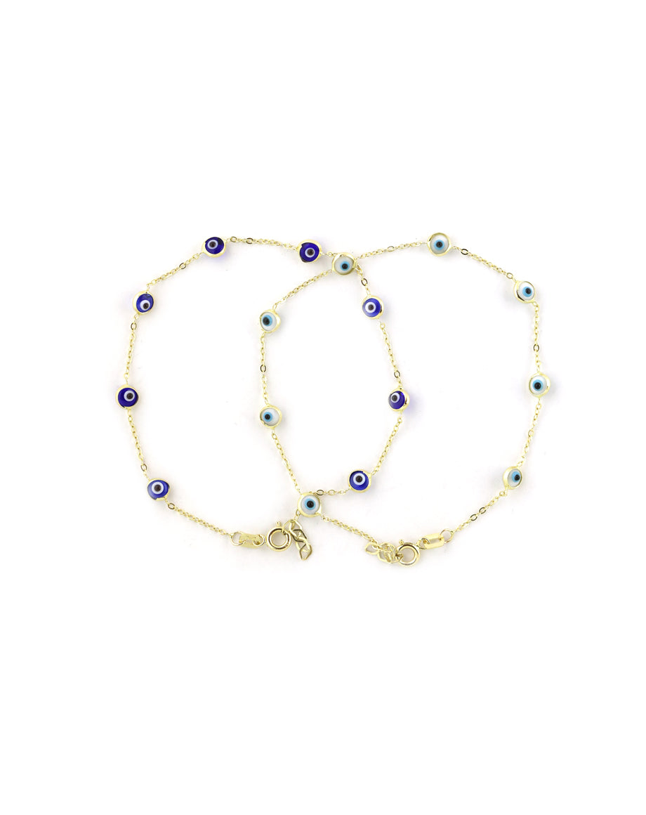 14K Gold Glass Bead Evil Eye Station Bracelet