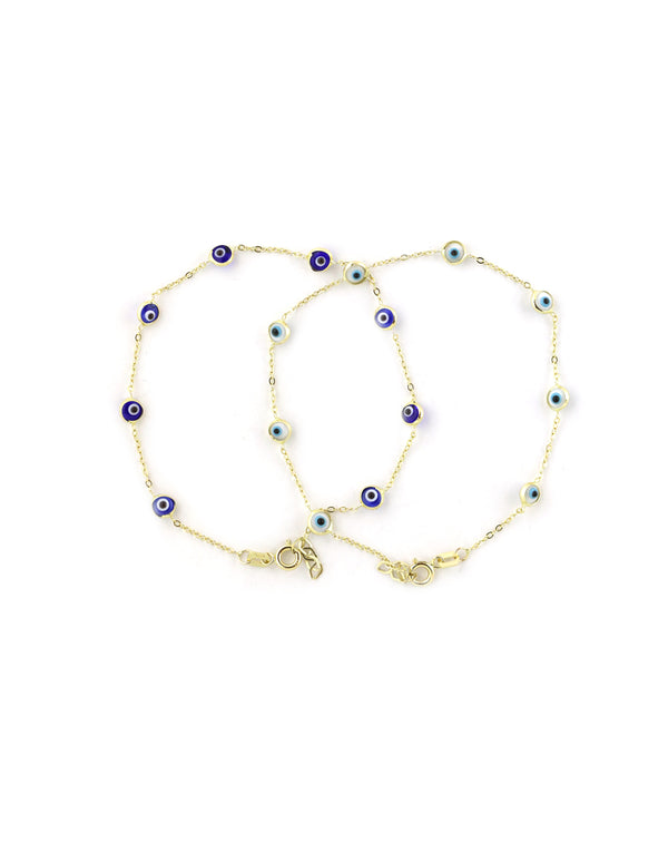 14K Gold Glass Bead Evil Eye Station Bracelet
