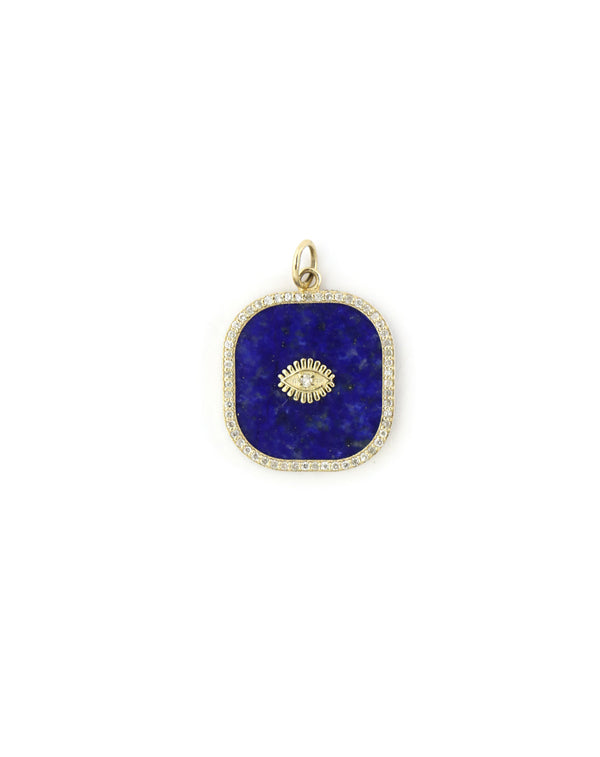 14K Gold Square Lapis Diamond Evil Eye Pendant