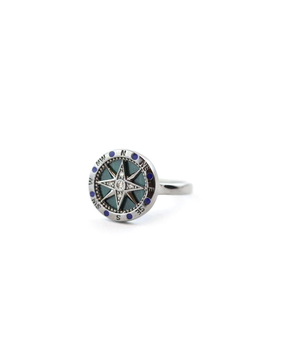 Silver Diamond Malachite Compass Ring