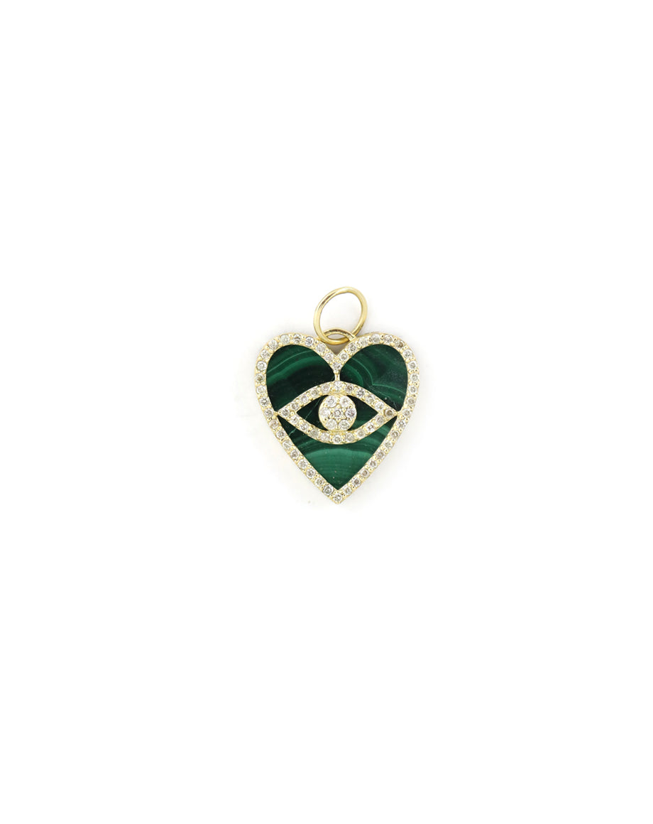 14K Gold Malachite Diamond Evil Eye Heart Charm