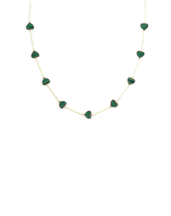 14K Gold Malachite Heart Station Necklace