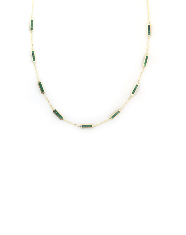 14K Gold Inlaid Malachite Rectangle Necklace