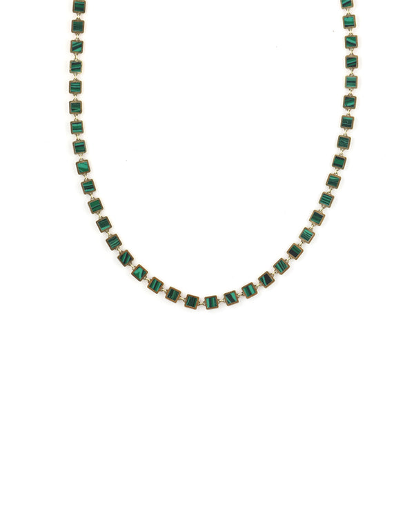 14K Gold Inlaid Malachite Square Necklace