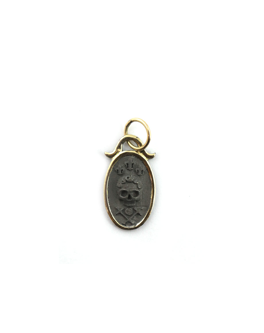 14K Gold Framed Matte Silver Skull Charm